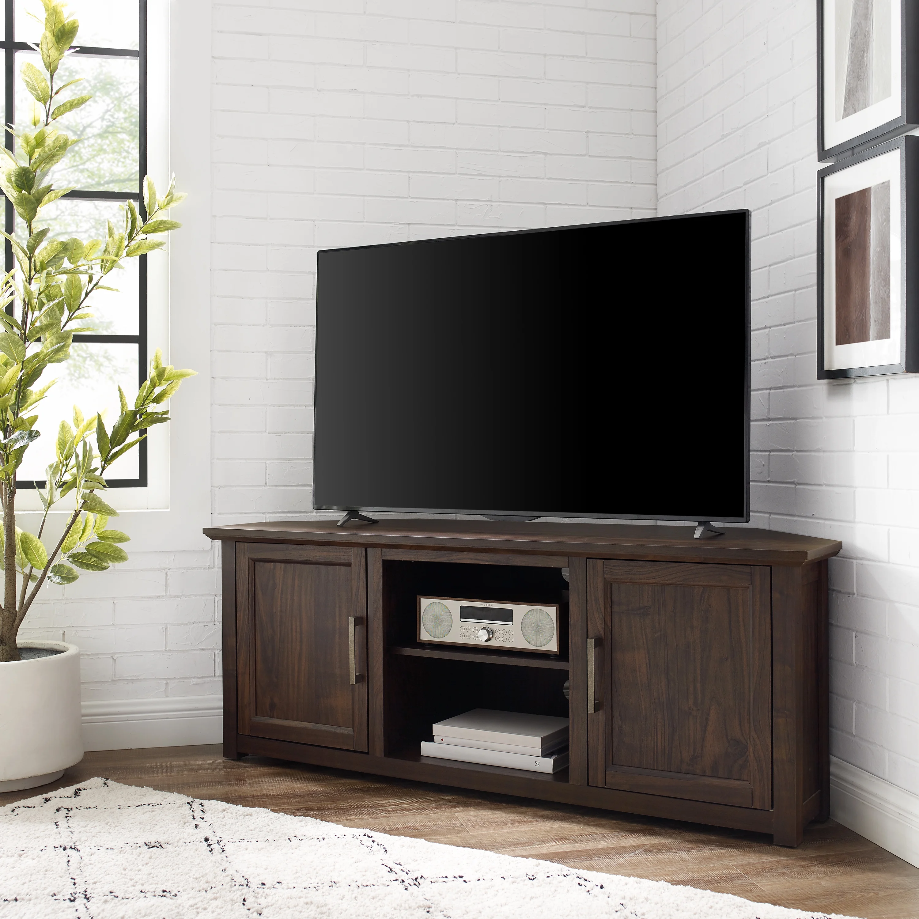 Crosley Furniture Camden 58"Rustic Wood Corner TV Stand in Dark Walnut