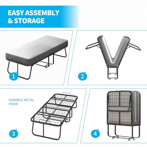 Folding Bed with Mattress for Adults, Portable Folding Bed with 4" Foam Mattress, Single Rollaway Beds with Metal Frame, Twin Size Foldable Bed Fold Away Bed Space Saving