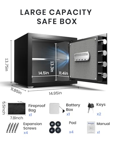 Safe box, 2.0 Cu ft Home Safe with Fireproof Waterproof Bag & Key, Security Money Safe for Cash, Documents, Jewelry, Valuables, Digital Electronic Keypad, Dual Alarm System, Cabinet Safe
