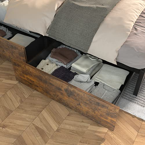 Gitua Full Size Bed Frame with Storage Drawers - Led Lights and Charging Station Metal Bed Frame with Headboard, No Box Spring Platform Bed Frame Wood, Rustic Brown