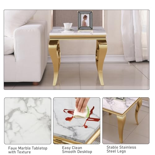 3 Piece Living Room Table Set, White Coffee Table & End Side Table & Console Table, Faux Marble Top Coffee Table Set with Silver S Steel Legs for Home Office, Luxury Home Coffee Table Set of 3