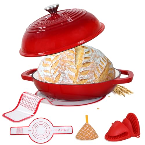 Enameled Cast Iron Bread Pan with Lid,11”Bread Pans for Homemade Bread,6 QT Bread Oven,Dutch Oven for Sourdough Bread Baking-with Silicone Baking Mat,6 Quart Thick Enamel Bread Pan-Gifts for Family