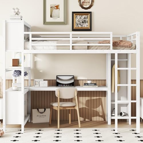 Linique Metal Loft Bed with Wardrobe & L-Shaped Desk - Sturdy Space-Saving Loft Bed Includes Storage Cubes, Shelves for Kids, Teens, Adults (White, Queen)