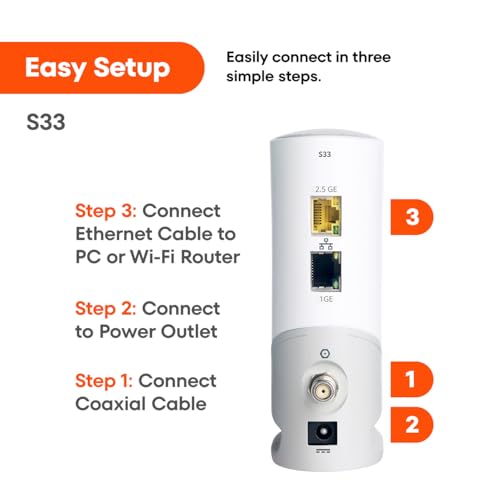 ARRIS (S33) - Cable Modem - Fast DOCSIS 3.1 Multi-Gigabit Cable Modem For Comcast Xfinity, Cox, Spectrum & More 1 & 2.5 Gbps Ports 2.5 Gbps Max Internet Speeds 2 Year Warranty - (No Built-in Wifi)