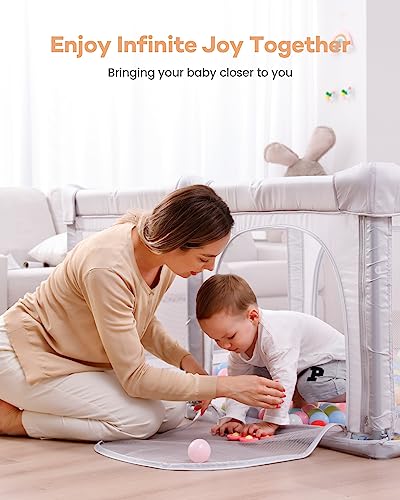 Baby Playpen Playard Foldable, Extra Large Playpen for Babies and Toddlers, Safe Sturdy Baby Fence Play Area with Gate, Removable Bottom, 79 x 59 x 27 Inches, Grey