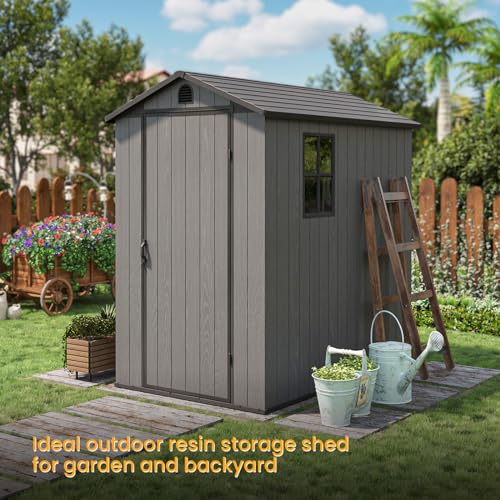 Patiowell 4' x 6' Outdoor Storage Shed with Floor, Plastic Shed Outside Resin Tool Shed with Window and Lockable Door for Backyard Garden Patio Lawn, Gray (Fit-it Shed)