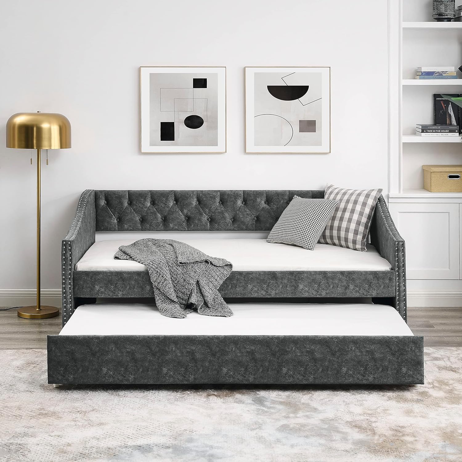 Twin Size Tufted Daybed with Twin-Size Trundle, Upholstered Sofa Bed, Wooden Couch with Button on Back and Copper Nail on Waved Shape Arms, for Bedroom, Living Room, Gray