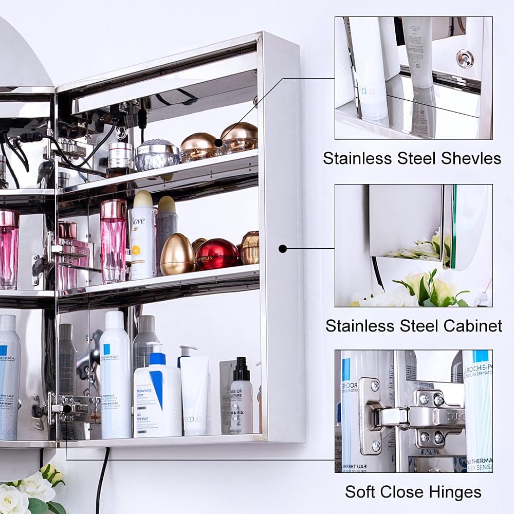 Chende 20" x 31" Bathroom Medicine Cabinet with Mirror, Oval Lighted Medicine Cabinet with Anti fog and 3 Light Settings, Dimmable Stainless Steel Cabinet with Lights for Bathroom