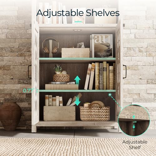 LINSY HOME Farmhouse Bookshelves and Bookcases with Doors, Floor Standing 5-Shelf Display Storage Shelves, 72 in Tall Storage Cabinet for Home Office, Living Room (Light Brown)