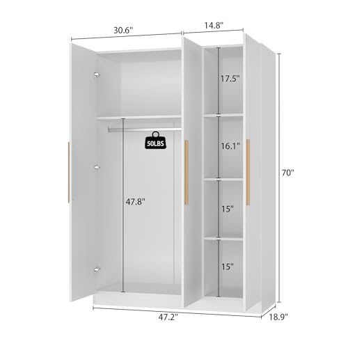 Large Armoire Wardrobe with 3 Doors, 1 Top Storage Space, 1 Hanging Space, 4 Closed Shleves, Clothes Organizer for Bedroom, White (47.2”W x 18.9”D x 70”H)