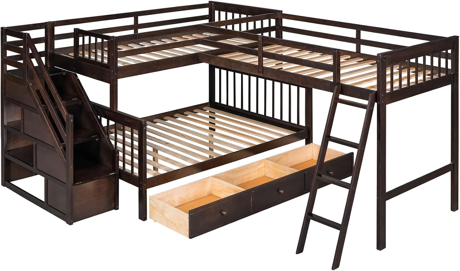Bellemave L-Shape Triple Bunk Beds with Stairs and Storage Drawers Twin Over Full Bunk Bed Attached a Loft Bed with Drawers Wood Corner Bunked for 3 Kids Boys Girls Teens, Espresso