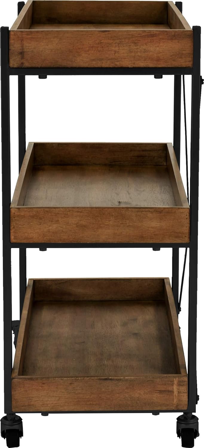 Riley Modern Rustic Rolling Bar Cart with Wheels, 32 Inch Height, Kitchen Organizer Utility, Wood, Matte Black Metal Finish