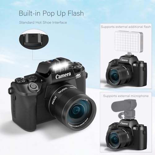 Saneen Digital Camera, 4k Cameras for Photography & Video, 64MP WiFi Touch Screen Vlogging Camera for YouTube with Flash, 32GB Card, Lens Hood, 3000mAH Battery, Front and Rear Cameras - Black