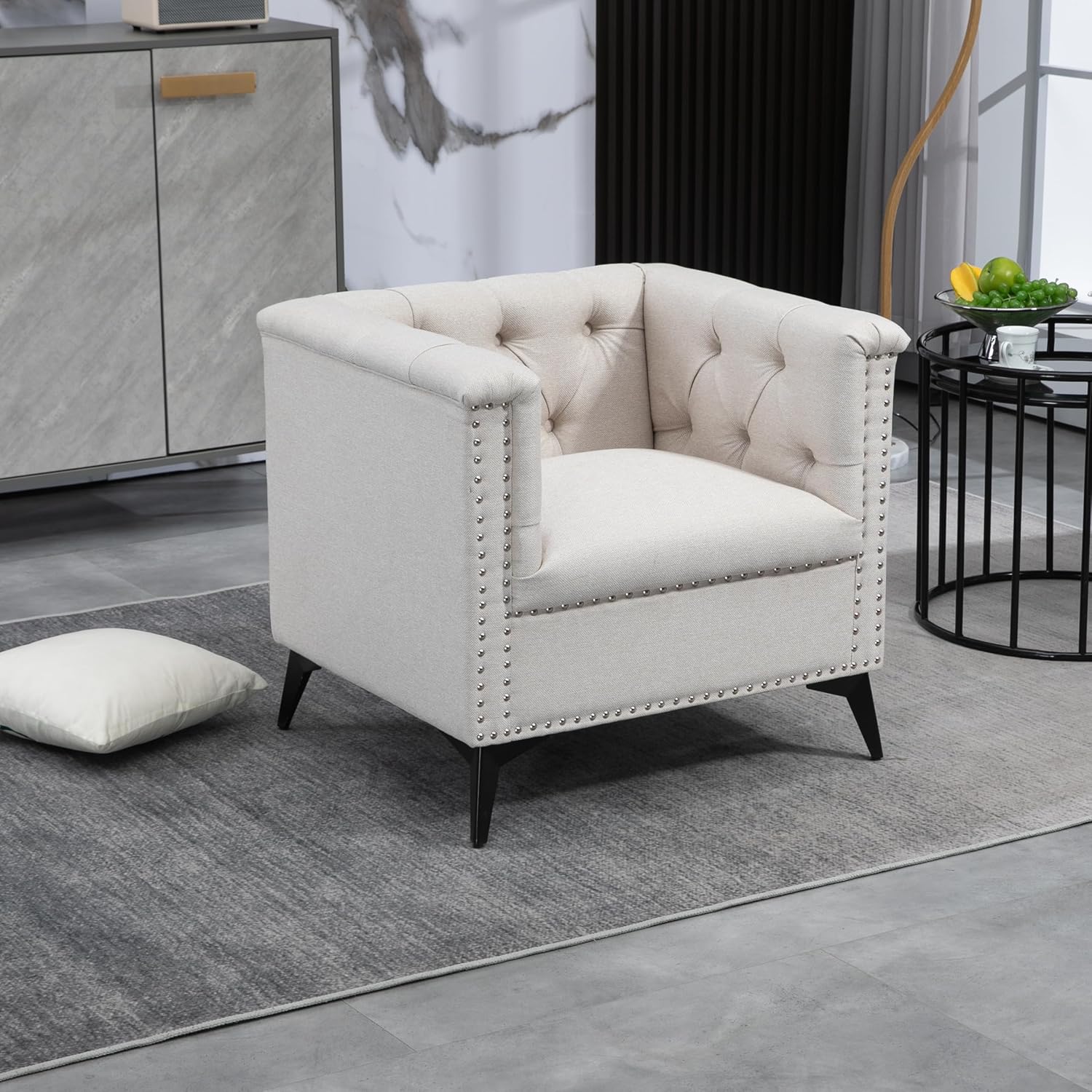 Accent Chair Living Room Chairs Single Sofa Chair,Arm Chairs with Linen Fabric, Mid Century Accent Arm Chairs Comfy Reading Lounge Club Armchair for Bedroom Office Study (Beige)