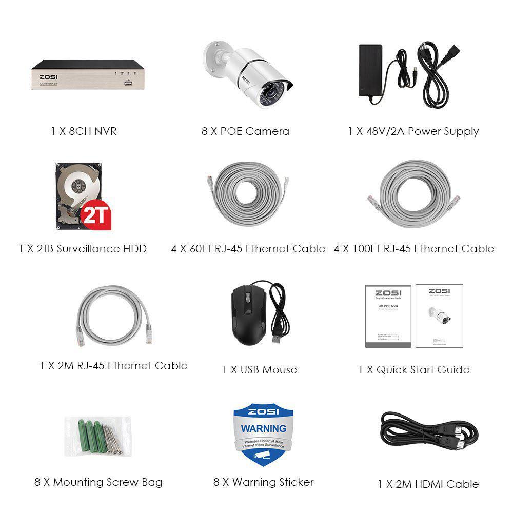 ZOSI 1080p PoE 8-Channel 2TB Hard Drive DVR Security Camera System with 8-Wired Bullet Cameras