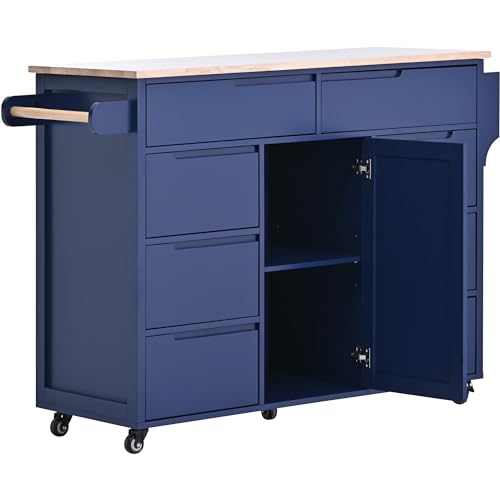 Farmhouse Kitchen Island with Power Outlet, Rolling Kitchen-Cart with Drop Leaf, Storage Cabinet Table on Wheels w/Spice Rack and Drawer for Dining Room, Bar