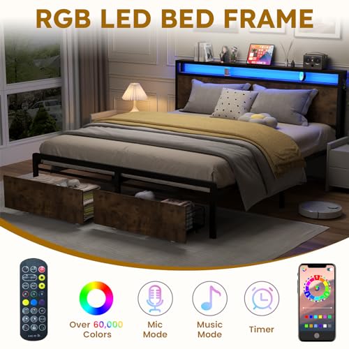 Full Size Bed Frame with Headboard, LED Platform Bed Frames with 4 Storage Drawers, Built in Charging Station, Noise Free, Stable and Solid, No Box Spring Needed, Gray