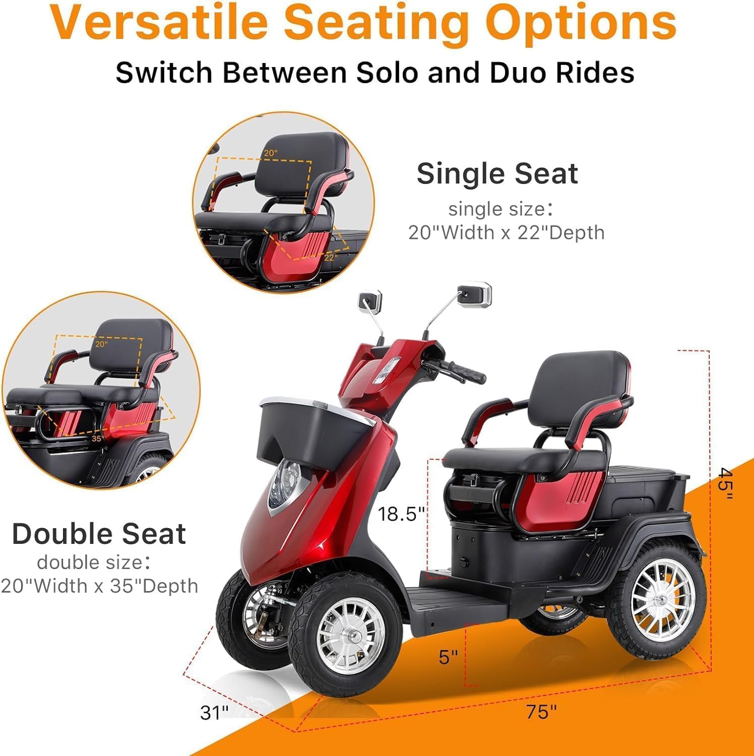 3 Speed Control 1000W 2 Seater Mobility Scooters with Bluetooth Speaker & 500lbs Weight Capacity, 36-Mile Range, Mobility Scooters at 15 MPH for Adults & Seniors, Red