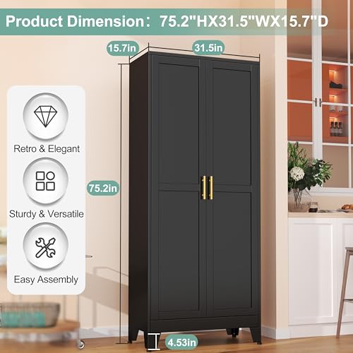 Metal Pantry Cabinet with 2 Doors and 5 Adjustable Shelves, 75" Kitchen Storage cabinets with Gold Handles, Versatile Storage for Laundry Room, Living Room, Bathroom, Dinning Room, Utility Room-White