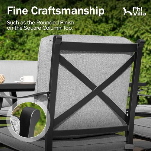 PHI VILLA 7 Pieces Outdoor Dining Set for 6, Rectangular Black Steel Dining Table with Fixed and Swivel Iron Chairs, Large Dining Furniture Set with Cushions for Patio, Deck, Porch, Backyard