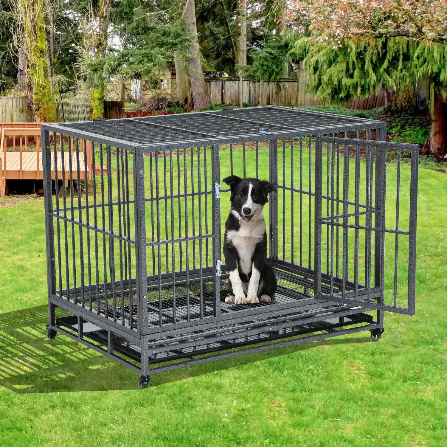 PawHut Heavy Duty Dog Crate Metal Cage Kennel with Lockable Wheels, Double Door and Removable Tray - Pet Supplies online store