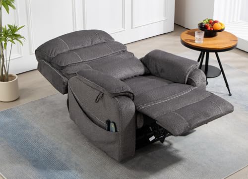 Light Grey Recliner Chair for Elderly | Tall and Big Man 400lbs | Chenille | Power Lift, Lay Flat, Stand Up, Wireless Charging Device, Extended Footrest, Massage Heat, Cup Holder, Lumbar Pillow