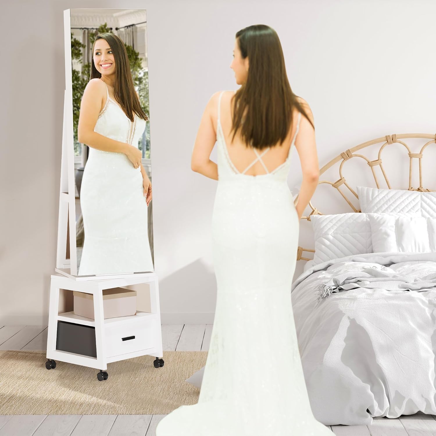 360° Swivel Jewelry Armoire, Floor Standing Locking with Full Length Mirror,Bottom Drawer, Shelf, Wheels,White Cabinet with Large Storage Capacity (White push-pull)