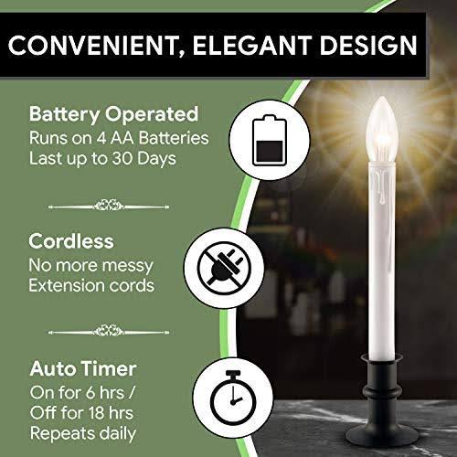612 Vermont Ultra-Bright LED Window Candles with Timer, Battery Operated, Metal Base, White Candlestick, Adjustable Height (Pack
