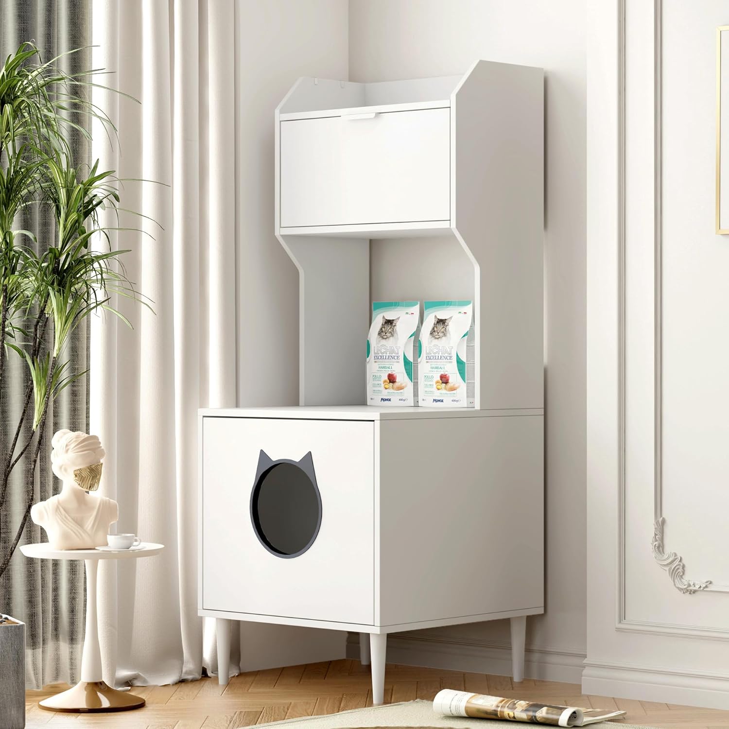 Litter Box Enclosure with Storage Shelves and Cabinet, White Wooden Hidden Cat Litter Box Furniture Industrial Indoor Cat House Washroom Pet Crate,Anti Tipping Design,Suitable for All Cats