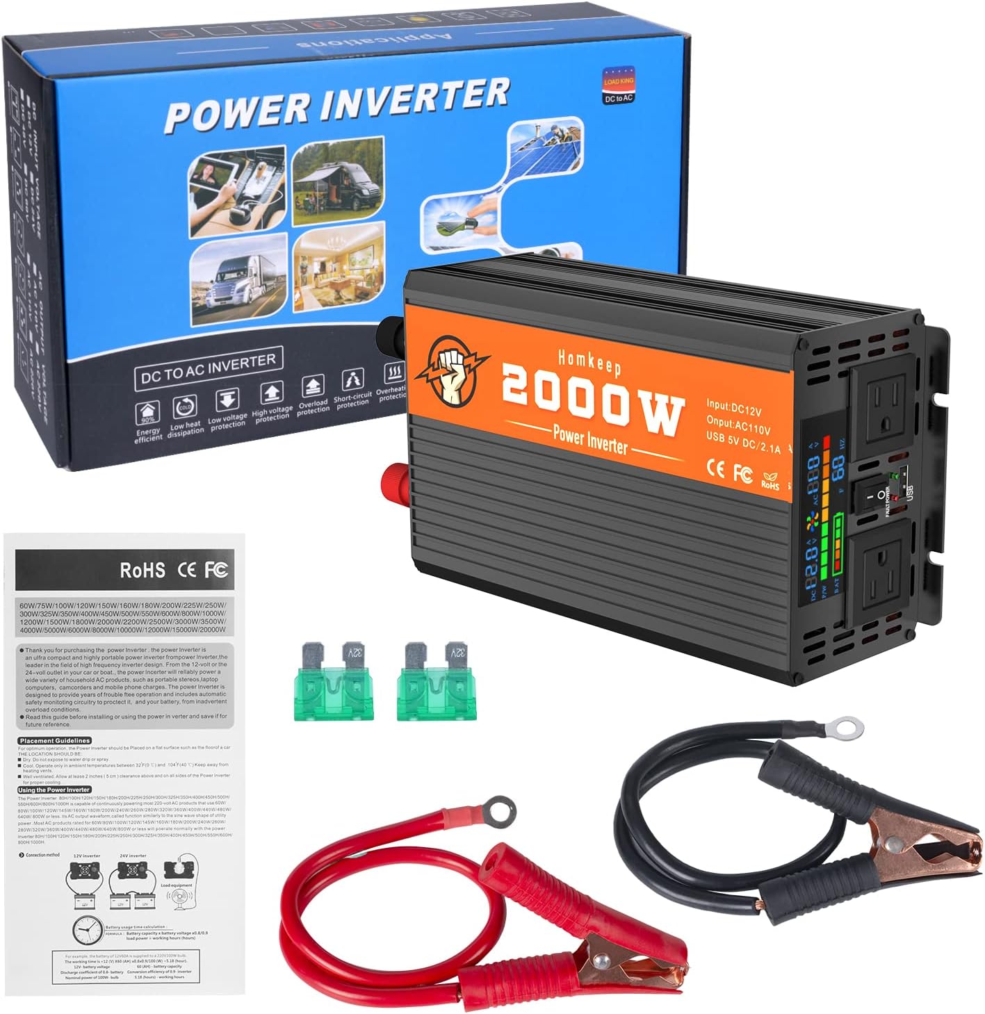 Power Inverter 2000 Watts 12V to 110V, Modified Sine Wave DC to AC Car/Home Converter, Dual 110V AC Outlets, USB Port, LED Display for Home, Outdoor, Camping, RV, Truck, Boat, Laptop and Emergency