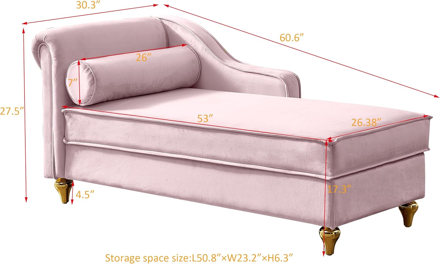 60.6" Modern Upholstery Chaise Lounge Chair with Storage, Velvet Corner Couch Daybed with Gold Metal Legs, Sleeper One-Arm Recliner Sofa Bed for Bedroom,Office,Living Room,Apartment,Pink