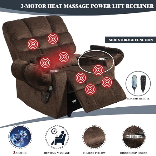 Light Grey Recliner Chair for Elderly | Tall and Big Man 400lbs | Chenille | Power Lift, Lay Flat, Stand Up, Wireless Charging Device, Extended Footrest, Massage Heat, Cup Holder, Lumbar Pillow