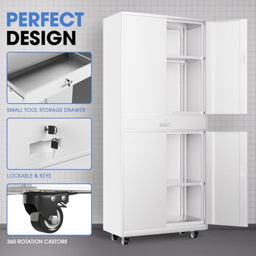 DNA MOTORING 71'' Metal Storage Cabinet, Locking Tool Cabinet with 1 Drawer and Adjustable Shelves, Lockable Heavy Duty Metal Locker for Garage,Office,Home,Gym, Gray, TOOLS-00629-GY-GY-A