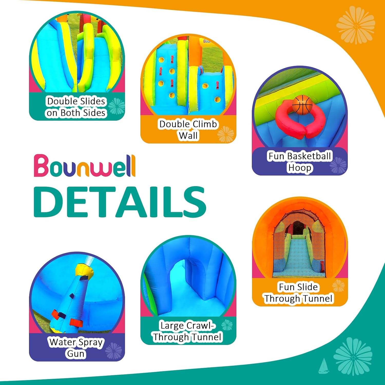 Inflatable Water Slide with Air Blower, Water Park for Kids Backyard, Blow Up Water Slide with 2 Slide, 2 Climbing Wall, Basketball Hoop, Water Cannon and Splash Pool