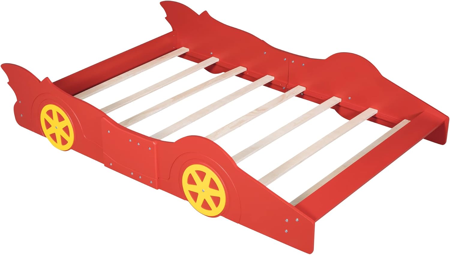 Full Size Race Car-Shaped Platform Bed with Wheels, Kids Car Bed, Wooden Car Shaped Platform Bed Frame for Kids Boys Girls Bedroom, No Box Spring Needed, Rails Design On Both Side, Full, Red