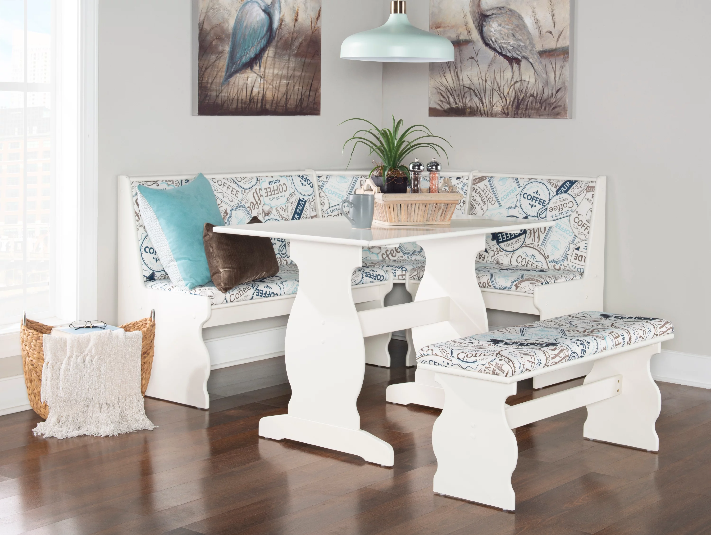 Linon Weston Corner Dining Breakfast Nook with Table and Bench, Seats 5-6, White Finish with Coffee Patterned Fabric