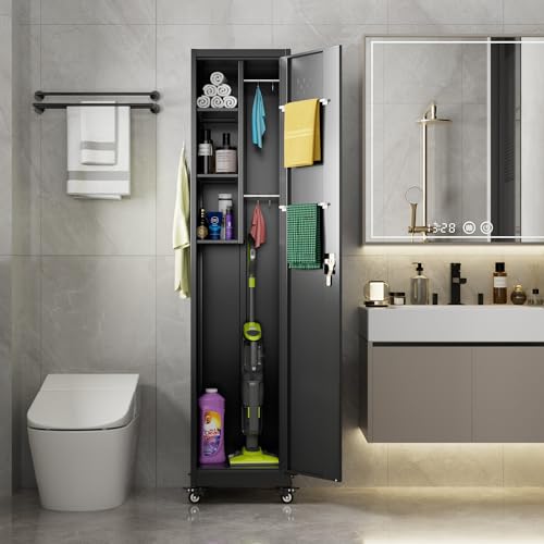 Aobabo 71" H×34" W×18" D Garage Metal Storage Cabinet with Wheels, Locking Steel Storage Cabinet with 5 Shelves and 4 Hooks, for Home Office, School, Assembly Required, Black Silver
