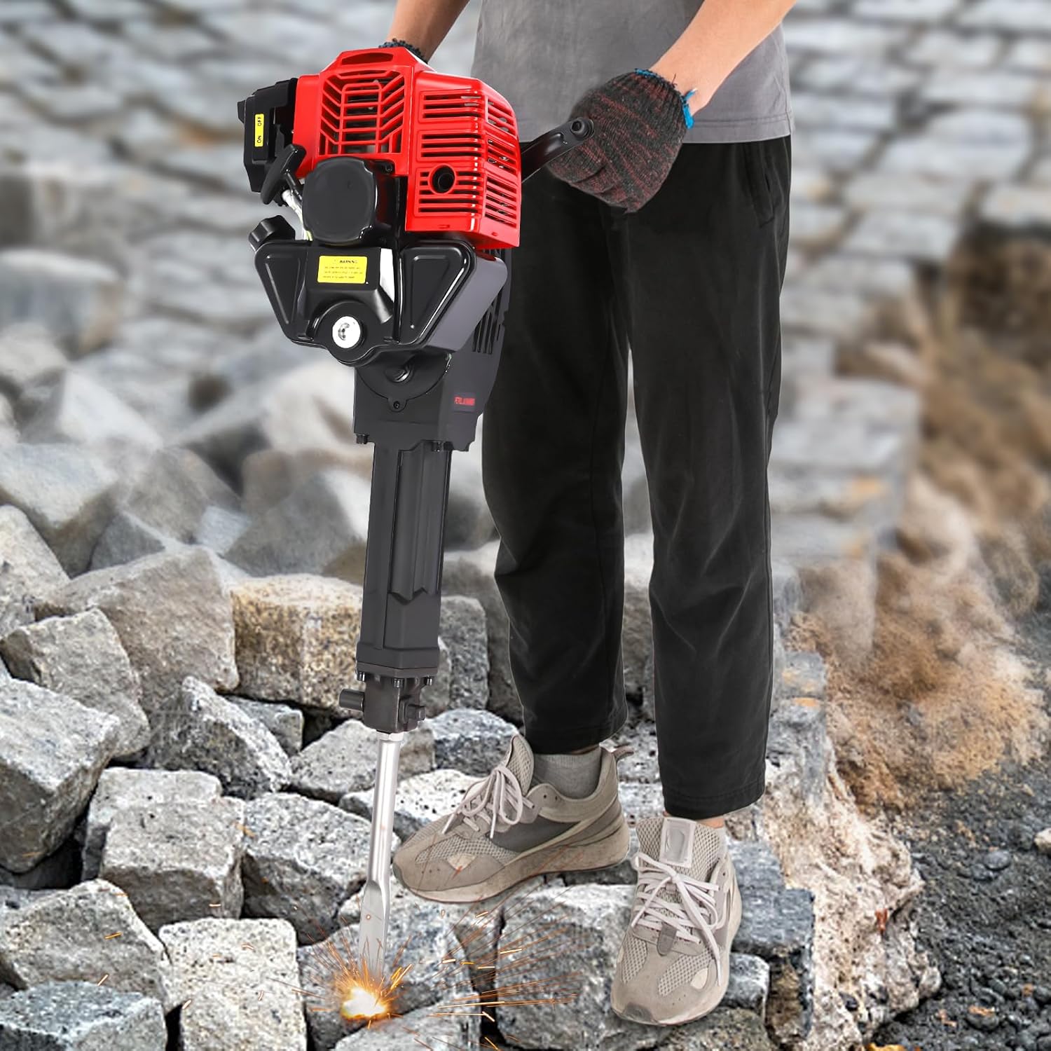 Gas Powered Jack Hammer Concrete Breaker 52CC 2 Stroke Gasoline Concrete Breaker with 2 Chisels Construction Concrete Floor Breaker Drill with Hand Pull Start, 1900W, 6500RPM
