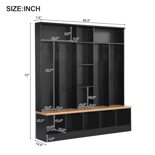 72" H Wide Design Hall Tree with Storage Bench, Minimalist Shoe Cabinet with Cube Storage & Shelves, Multifunctional Coat Rack with 8 Hooks for Entryways, Mudroom, Black