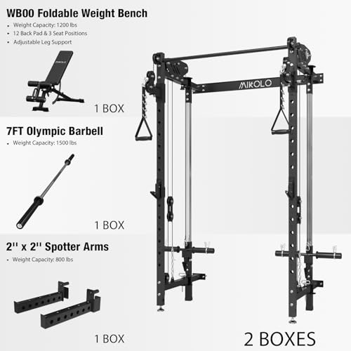 Mikolo Folding Squat Rack, Wall Mounted Power Rack with Cable Crossover Machine & LAT Pull Down, Functional Trainer with 5 Adjustable Function Modes, for Home Gym and Space Saving
