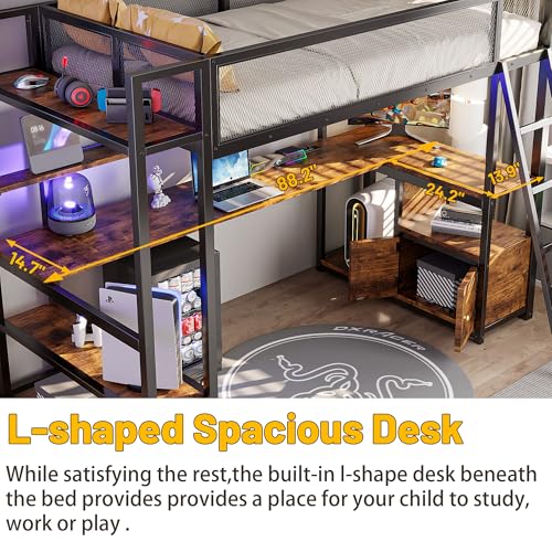 Full Size Loft Bed with Desk and Stairs,Metal Gaming Loft Bed Full with Wardrobe and Shelf, High Loft Bed with LED & USB Charging Station for Teens, Adults, Space Saving Design,Black