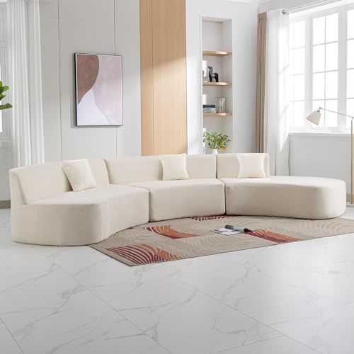 136.6" Stylish Curved Sofa Sectional Sofa Chenille Fabric Sofa Couch with Three Throw Pillows for Living Room, Beige Living Room Sectionals