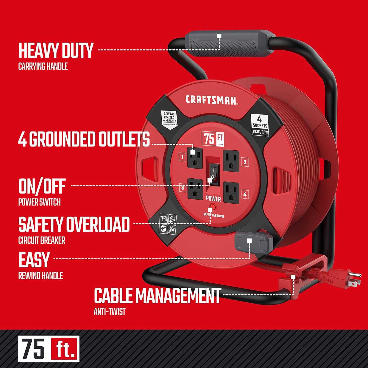 CRAFTSMAN Heavy Duty Retractable Extension Cord, 100 feet with 4 Outlets - 14AWG SJTW Cable - Outdoor Power Cord Reel