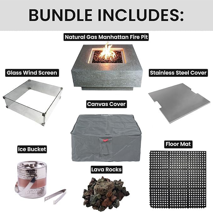 Elementi Manhattan Outdoor Table 37 Inches Natural Gas Patio Heater Concrete Firepits Outside Electronic Ignition Backyard Fireplace Cover Lava Rock Included