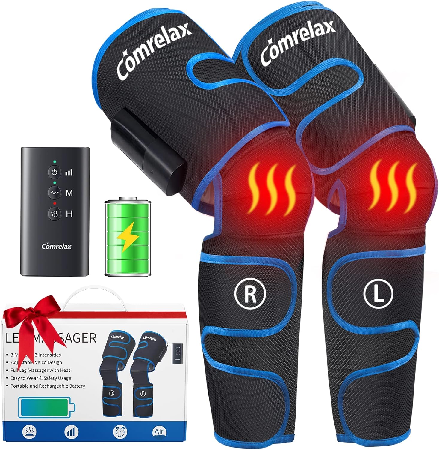 Cordless Leg-Massager for Circulation Air Compression Sequential Device for Muscles Relaxation Pain Relief, Rechargeable & Portable Calf Thigh Massage, Heat Function on Knees with 3 Modes 3 Intensity