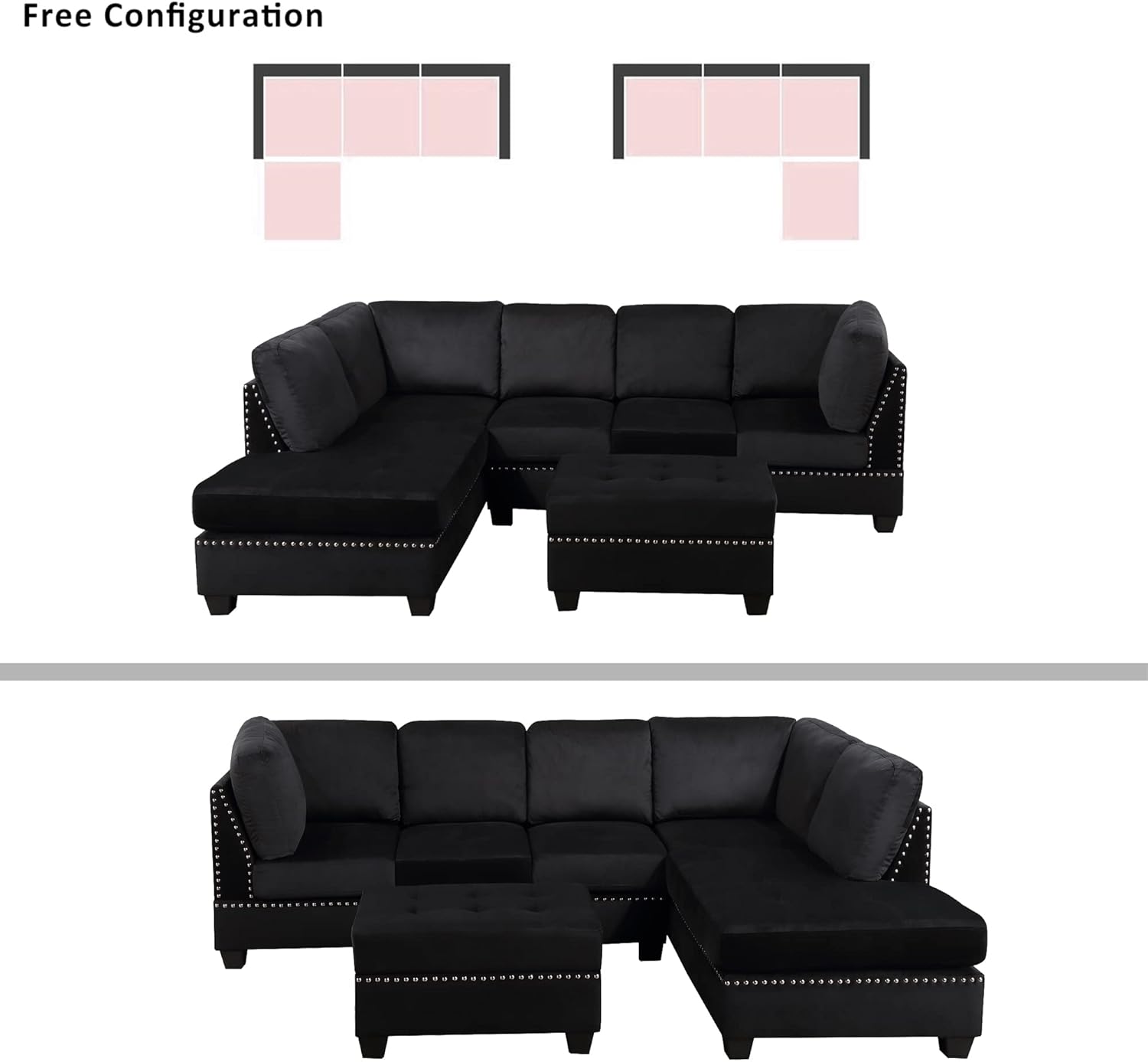 Yoglad Reversible Sectional Sofa with Storage and Chaise Lounge Couch, Wooden Frame L-Shaped Corner Sofa Set with Ottoman, Furniture Set for Living Room (Black)