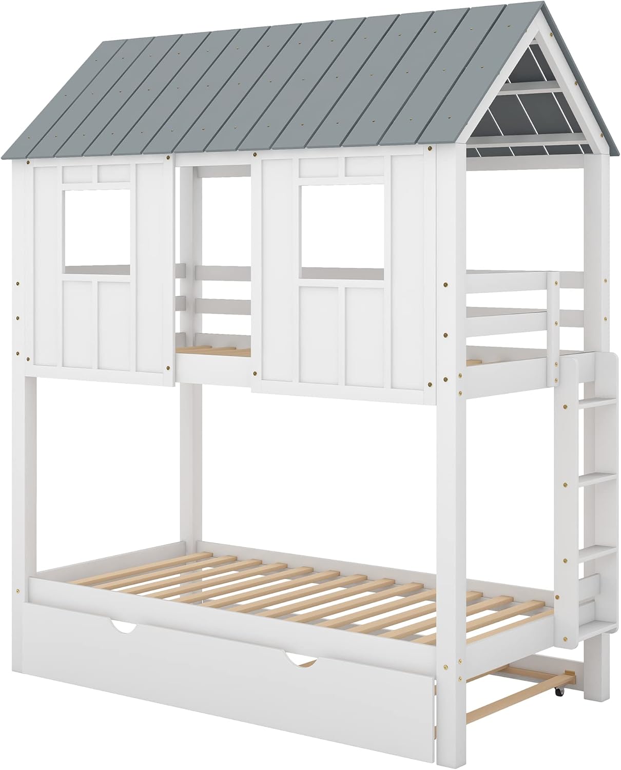 Twin Over Twin House Bunk Beds with Trundle, Wood Bed Frames with Two Front Windows and Roof for Toddlers/Boys/Girls, White