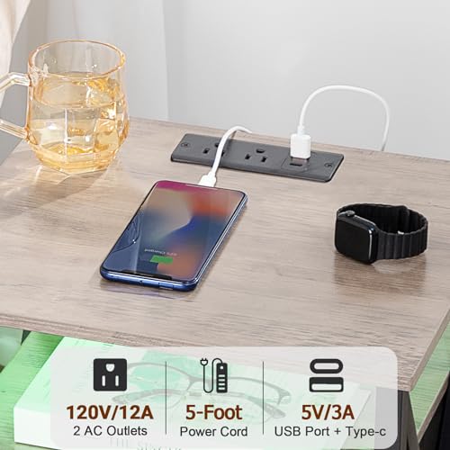 AMHANCIBLE Night Stand Set 2, LED Nightstand with Charging Station, End Side Tables with USB Port & Outlet, Bedside Table with Fabric Drawers for Bedroom Living Room, Dark Grey, HET053LDG