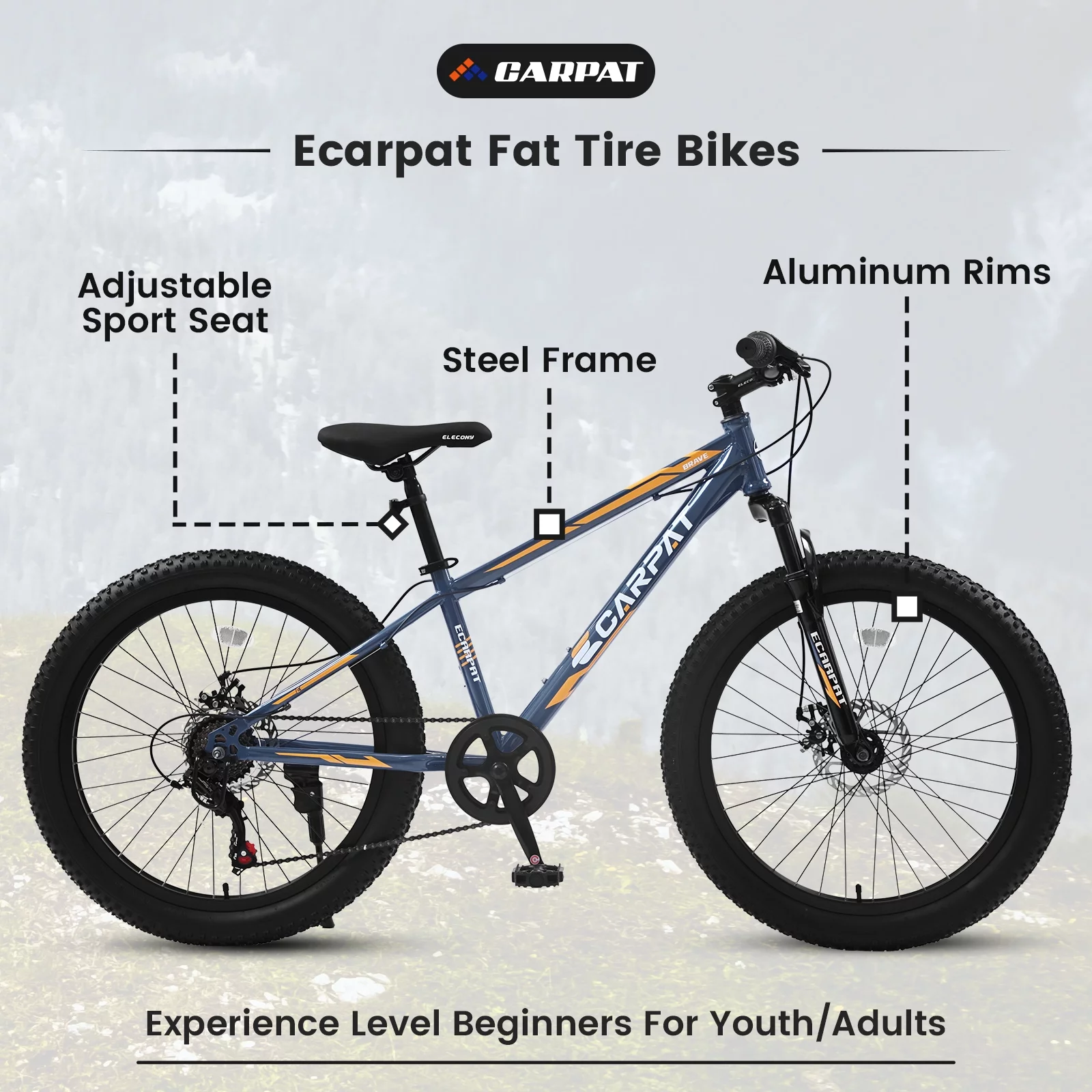 KEHOMY 24 Inch Fat Tire Bike Adult/Youth Full Shimano 7 Speeds Mountain Bike, Dual Disc Brake, High-Carbon Steel Frame, Front Suspension, Mountain Trail Bike, Urban Commuter City Bicycle