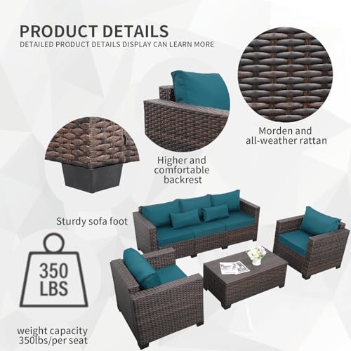 Valita Patio Rattan Furniture Set 4-Piece Outdoor PE Wicker Conversation Couch, Brown Sectional Sofa Couch with Storage Coffee Table Non-Slip and Washable Royal Blue Cushions